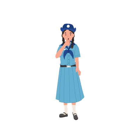 Thai Girl Scout In Uniform Blowing Whistle Youth Organization Activity Illustration