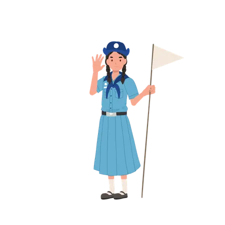 Thai Girl Scout in Uniform Holding Flag  Illustration