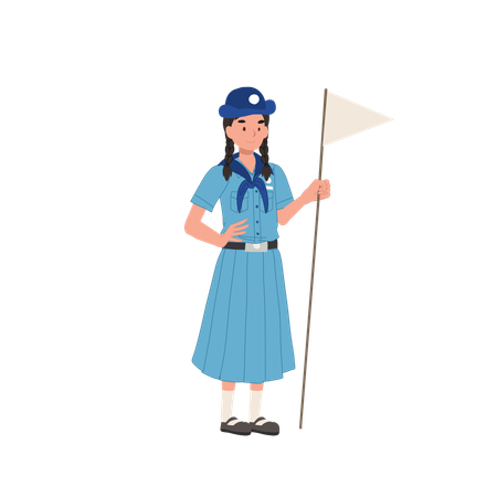 Thai Girl Scout in Uniform Holding Flag  Illustration