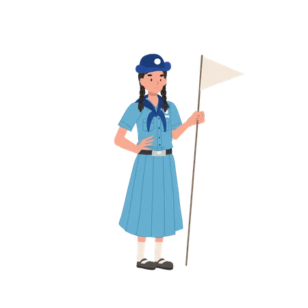 Thai Girl Scout in Uniform Holding Flag  Illustration