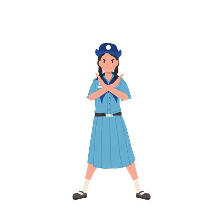 Thai girl scout in uniform with crossed hands making no gesture, No, negative, opposite gestures  Illustration