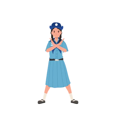 Thai girl scout in uniform with crossed hands making no gesture, No, negative, opposite gestures  Illustration