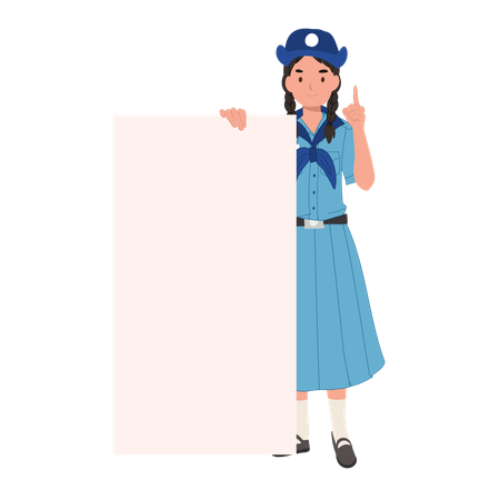 Thai Girl Scout in uniforme con cartello bianco e suggerimenti, idee per progetti scolastici e attività all'aperto  Illustration