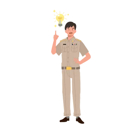 Male Thai Government Officers In Uniform Thai Man Teacher Got New Idea Lightbulb Flat Vector Cartoon Illustration Illustration