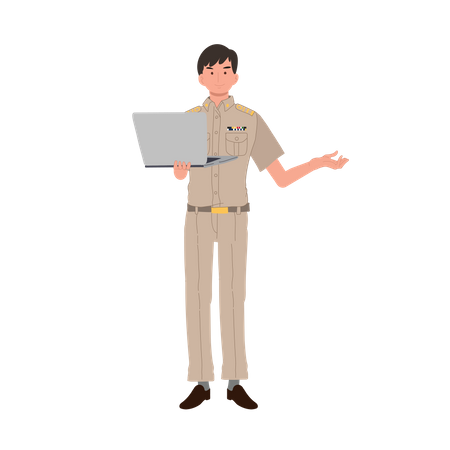 Thai government officer holding laptop and explaining  일러스트레이션