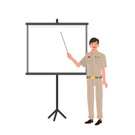 Male Thai Government Officers In Uniform Thai Man Teacher Holding Pointer Stick Explaining Knowledge In Board Cartoon Character Flat Vector Illustration Illustration
