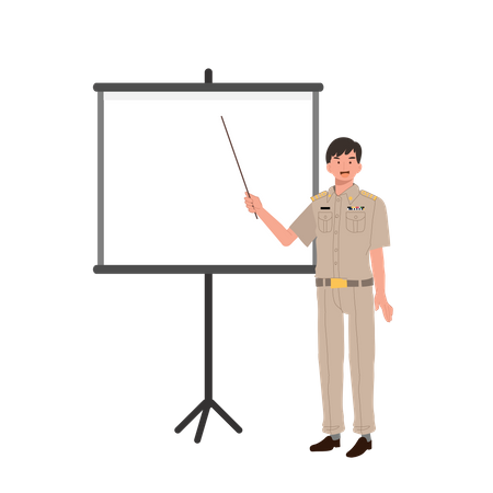 Thai government officer holding pointer stick and explaining knowledge in board  Illustration