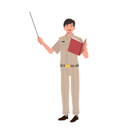 Thai government officer holding stick and explaining knowledge from book  Illustration