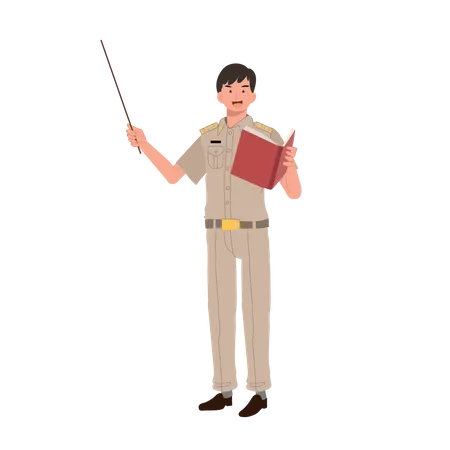 Male Thai Government Officers In Uniform Thai Man Teacherholding Pointer Stick Explaining Knowledge From Book Cartoon Character Flat Vector Illustration Illustration