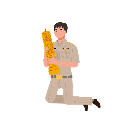Thai government officer kneels while holding a large candle during Buddhist Lent  Illustration