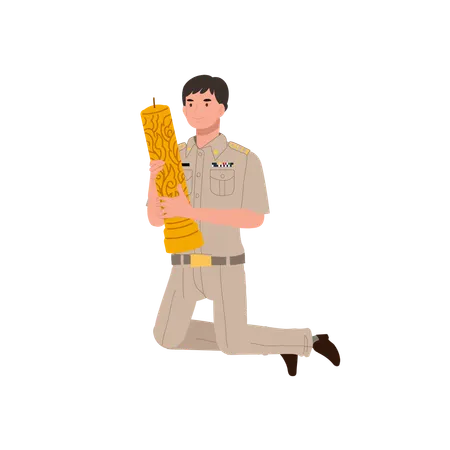Thai government officer kneels while holding a large candle during Buddhist Lent  Illustration