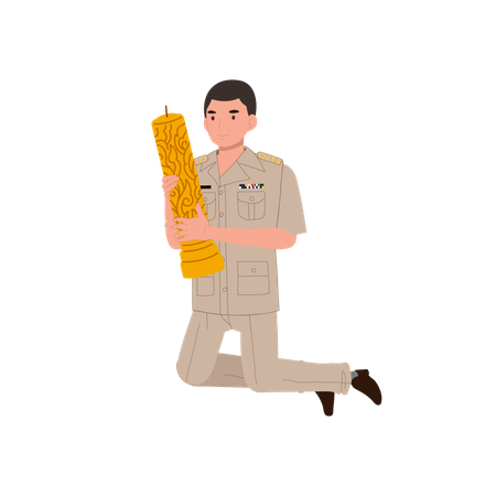Thai government officer kneels while holding large candle during Buddhist Lent  Illustration
