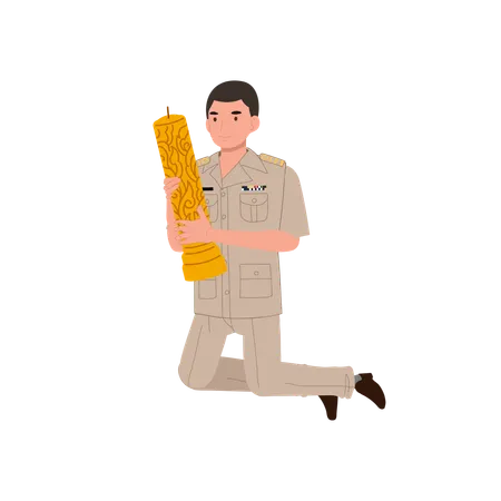 Thai government officer kneels while holding large candle during Buddhist Lent  Illustration