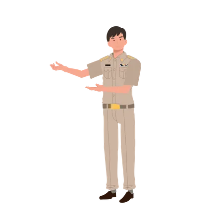 Male Thai Government Officers In Uniform Thai Man Teacher Is Welcome As Friendly Cartoon Character Flat Vector Illustration Illustration
