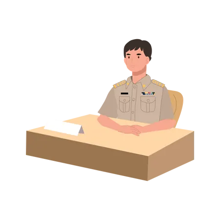 Male Thai Government Officers In Uniform Thai Man Teacher Is Sitting In Her Work Desk Flat Vector Illustration Illustration