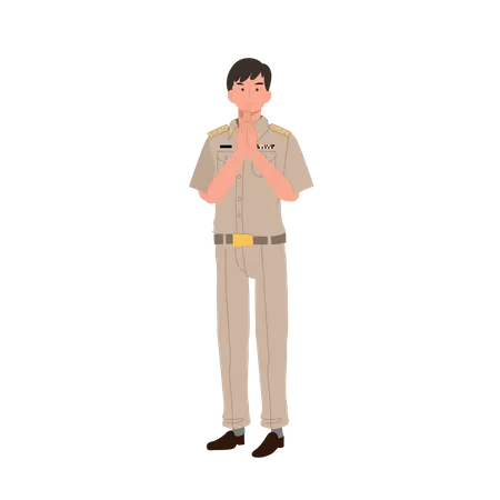 Male Thai Government Officers In Uniform Thai Man Teacher Welcome Greeting Sawasdee Cartoon Character Flat Vector Illustration Illustration