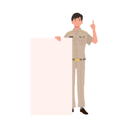 Male Thai Government Officers In Uniform Thai Man Teacher With Blank Board Placard Flat Vector Illustration Illustration