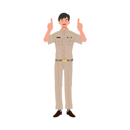 Male Thai Government Officers In Uniform Thai Man Teacher Giving Thumb Up Good Job Very Well Flat Vector Illustration Illustration