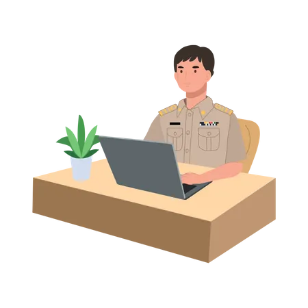 Male Thai Government Officers In Uniform Thai Man Teacher Is Working With Laptop In Her Desk Flat Vector Illustration Illustration