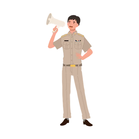 Thai male government officer announcing in megaphone  Illustration