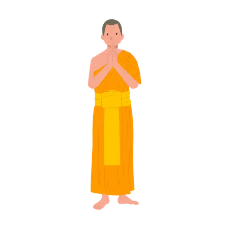 Southeast Asian Cultural Standing Thai Monk Greeting In Meditation Robes Sawasdee Thank You Illustration