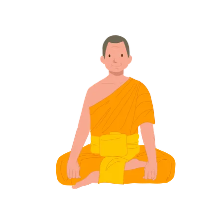 Happy Sitting Thai Monk In Traditional Robes Illustration