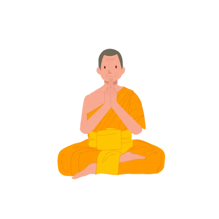 Thai Monk In Traditional Robes Meditating And Praying In Serene Temple Illustration