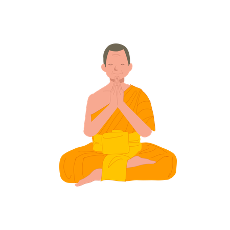 Thai Monk in Traditional Robes Meditating and praying in Serene Temple  Illustration