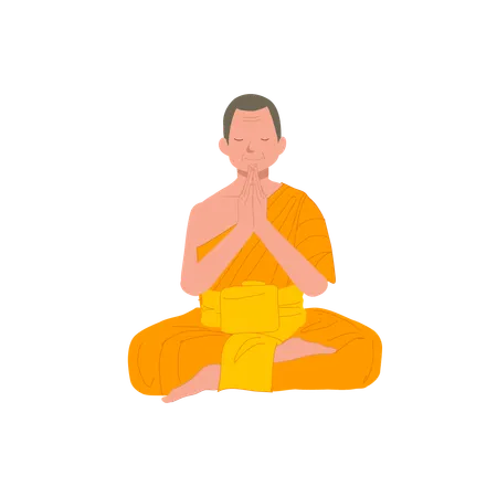 Thai Monk In Traditional Robes Meditating And Praying In Serene Temple Illustration