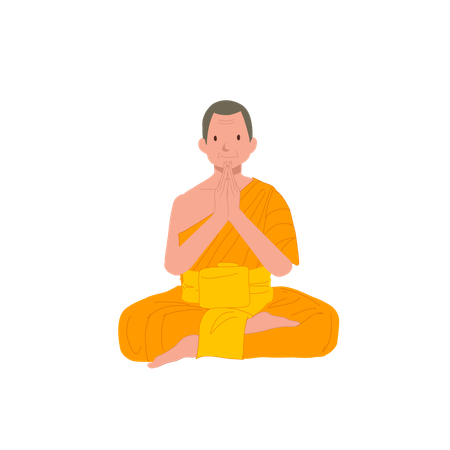 Thai Monk in Traditional Robes Meditating and praying in Serene Temple  Illustration