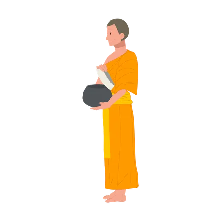 Full Length Side View Thai Monk In Traditional Robes Opening Alms Bowl For Food Illustration