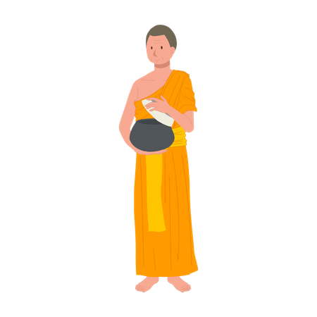 Thai Monk in Traditional Robes opening Alms bowl for food  イラスト