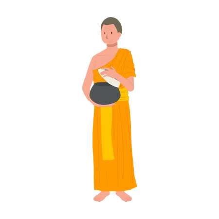 Full Length Thai Monk In Traditional Robes Opening Alms Bowl For Food Illustration