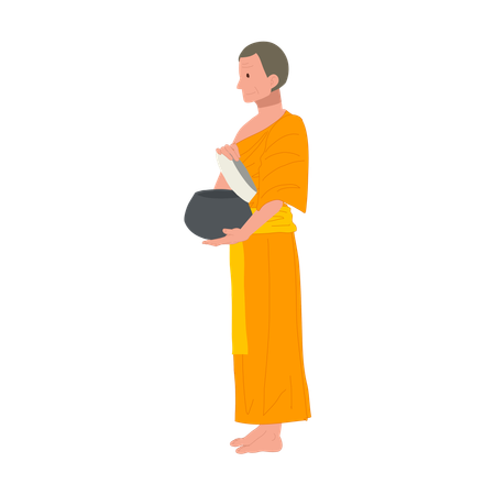 Thai Monk in Traditional Robes opening Alms bowl for food  Illustration