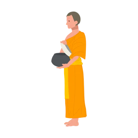 Thai Monk in Traditional Robes opening Alms bowl for food  Illustration