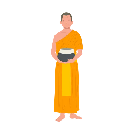Full Length Standing Thai Monk In Traditional Robes With Alms Bowl Illustration