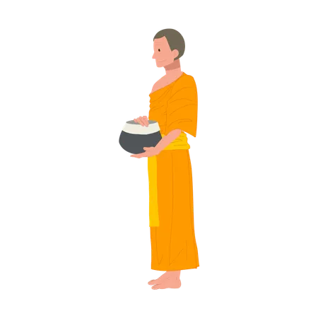 Full Length Side View Standing Thai Monk In Traditional Robes With Alms Bowl Illustration