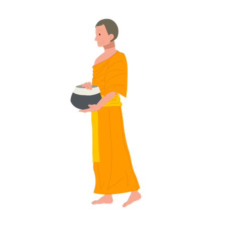 Thai Monk in Traditional Robes with Alms bowl  일러스트레이션