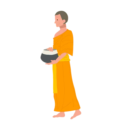 Full Length Side View Walking Thai Monk In Traditional Robes With Alms Bowl 일러스트레이션