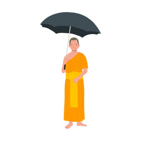 Thai Monk in Traditional Robes with Black Umbrella  일러스트레이션