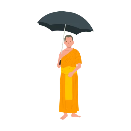 Thai Monk in Traditional Robes with Black Umbrella  일러스트레이션