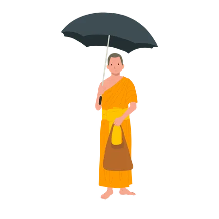 Thai Monk in Traditional Robes with Black Umbrella and fabric bag  일러스트레이션