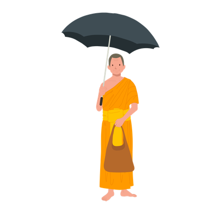 Thai Monk in Traditional Robes with Black Umbrella and fabric bag  Illustration