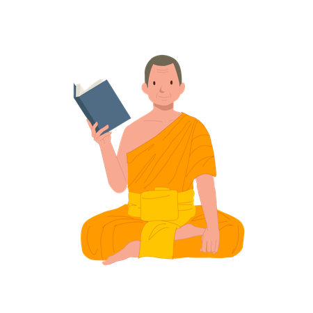 Thai Monk in Traditional Robes with book  일러스트레이션