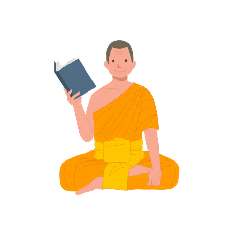 Buddhism Education Concept Serene Thai Monk In Traditional Robes With Book Illustration