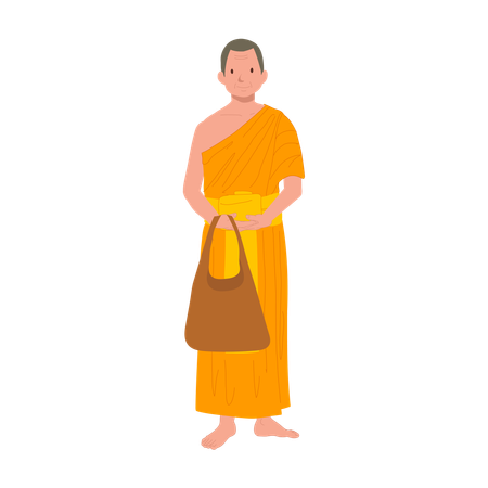 Thai Monk in Traditional Robes with fabric bag  일러스트레이션