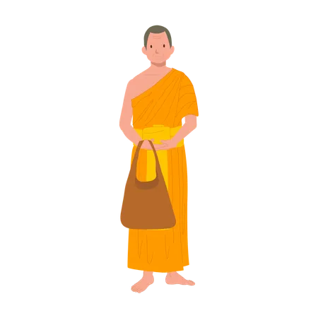 Thai Monk in Traditional Robes with fabric bag  일러스트레이션