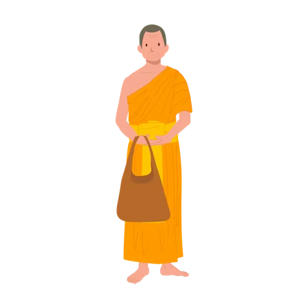 Thai Monk in Traditional Robes with fabric bag  Illustration