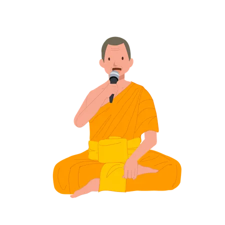 Sitting Thai Monk In Traditional Robes With Microphone Is Speaking Giving Knowledge About Buddhist Illustration