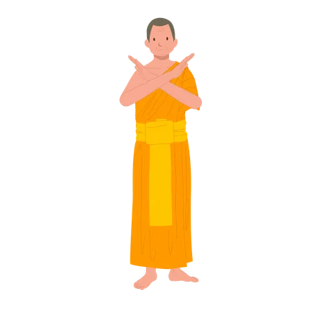 Thai Monk In Traditional Robes With Symbolic Hand Gesture NO Do Not Or Stop Illustration